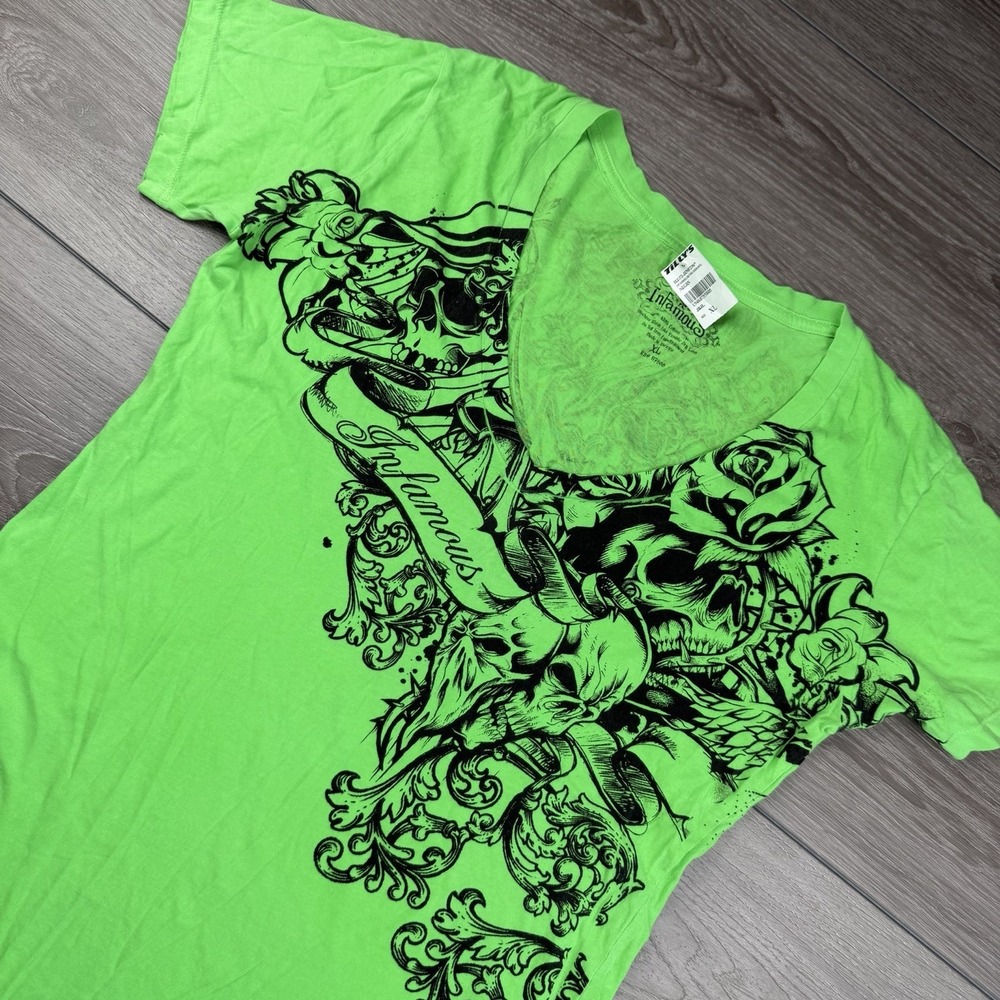 Infamous Women's Short Sleeve Y2K Skull Graphic Print Tee‎ Green XL New
